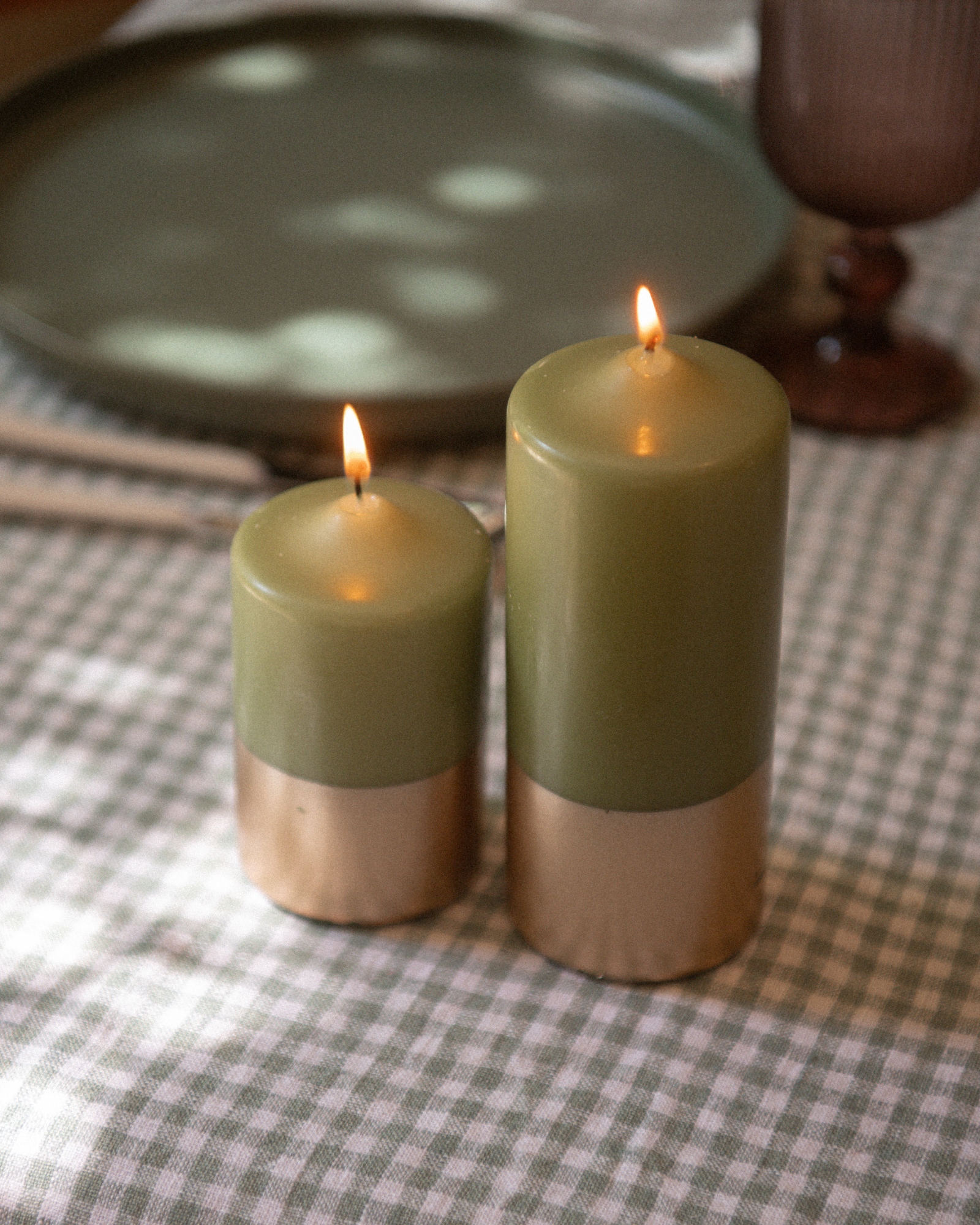 Vela Pilar - Verde Olivia y Oro