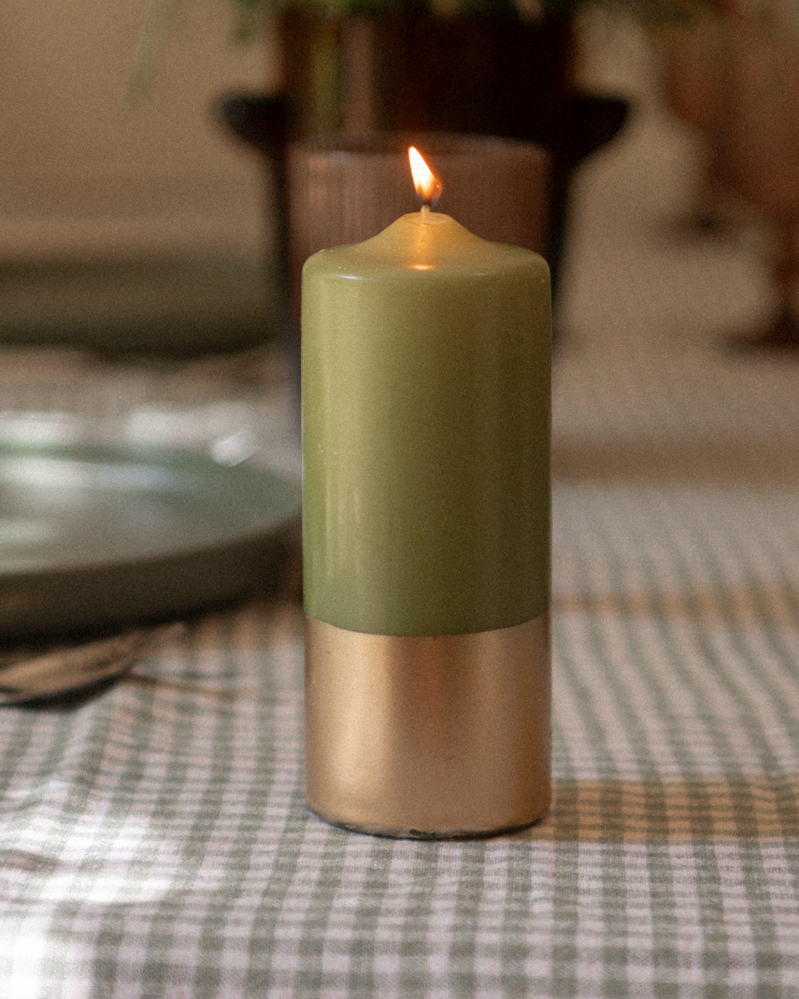 Vela Pilar - Verde Olivia y Oro
